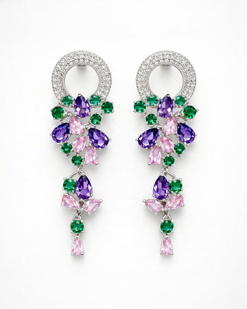 Multicolor zircon drop earrings with floral design, crystal halo and elegant dangle style
