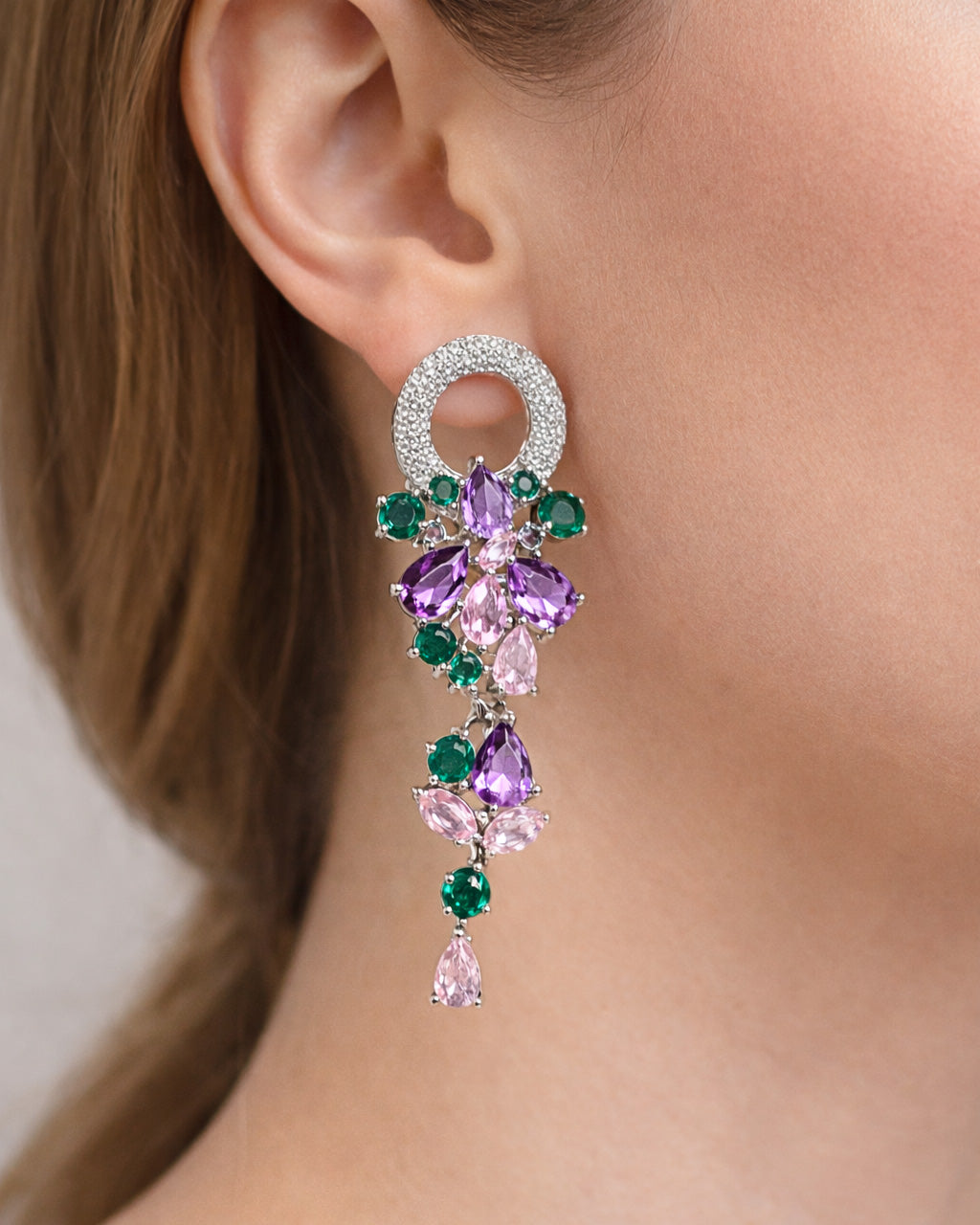 Multicolor zircon drop earrings with floral design, crystal halo and elegant dangle style