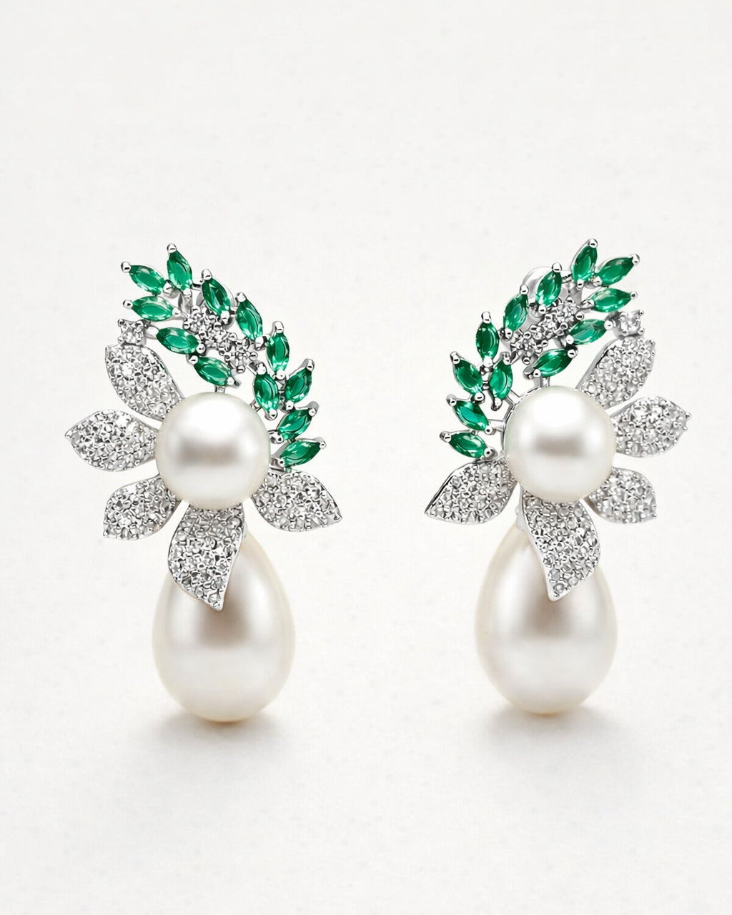 Silver plated pearl leaf drop earrings with green zircon, elegant women's jewelry