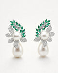 Silver plated pearl leaf drop earrings with green zircon, elegant women's jewelry