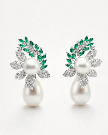 Silver plated pearl leaf drop earrings with green zircon, elegant women's jewelry