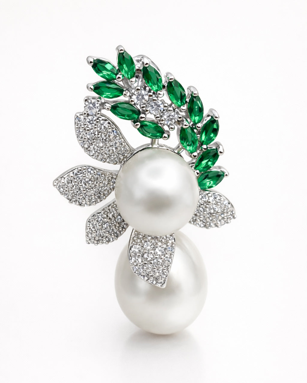 Silver plated pearl leaf drop earrings with green zircon, elegant floral design