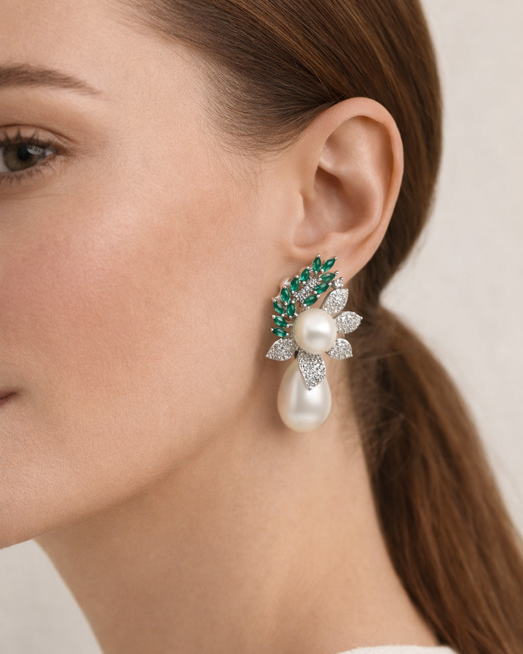 Silver plated pearl leaf drop earrings with green zircon, elegant women's jewelry