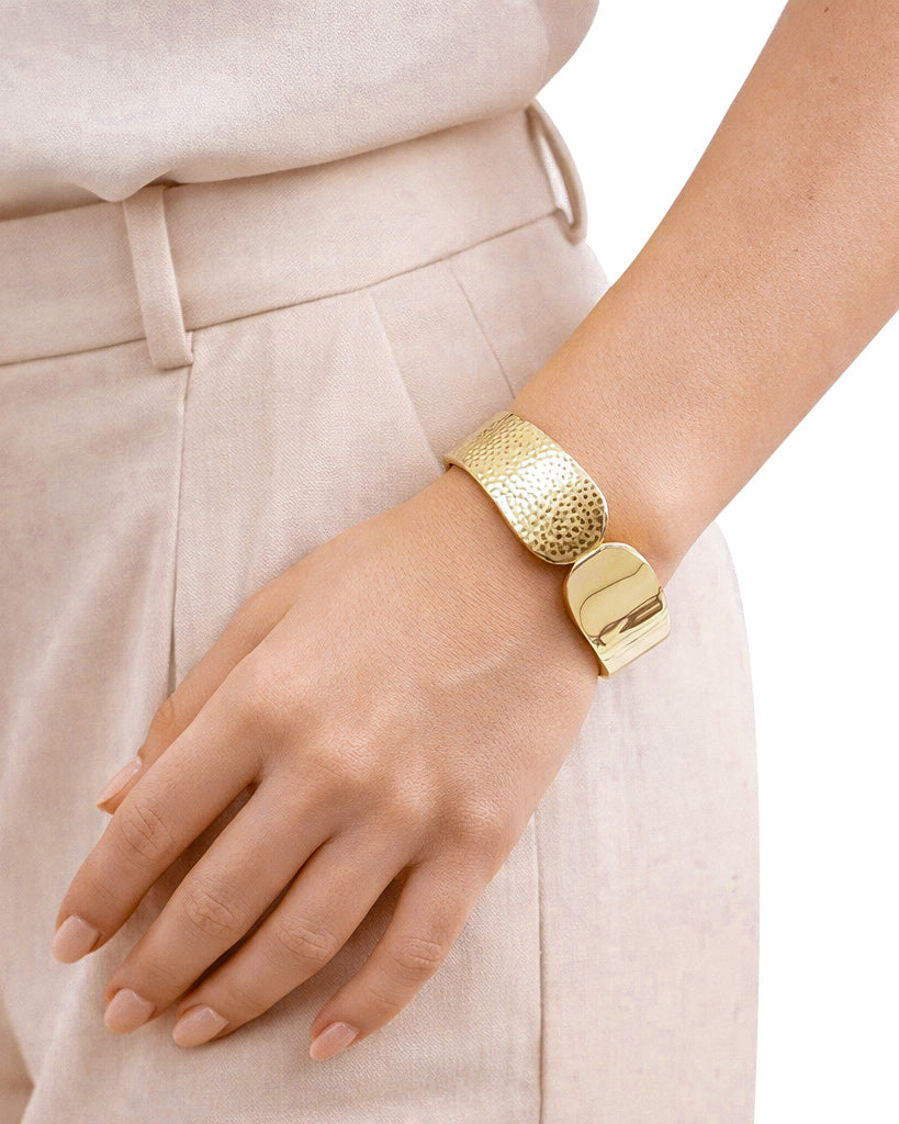 Wide chunky 18K gold plated cuff bracelet with hammered texture, minimalist women jewelry