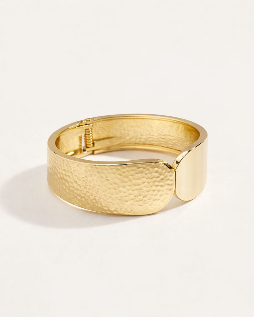 Wide chunky 18K gold plated cuff bracelet with hammered finish, minimalist style