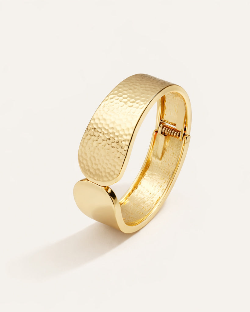 Wide chunky 18K gold plated cuff bracelet with hammered texture, minimalist women jewelry