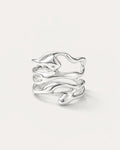 Silver-plated organic wrap ring with fluid curves, minimalist statement jewelry