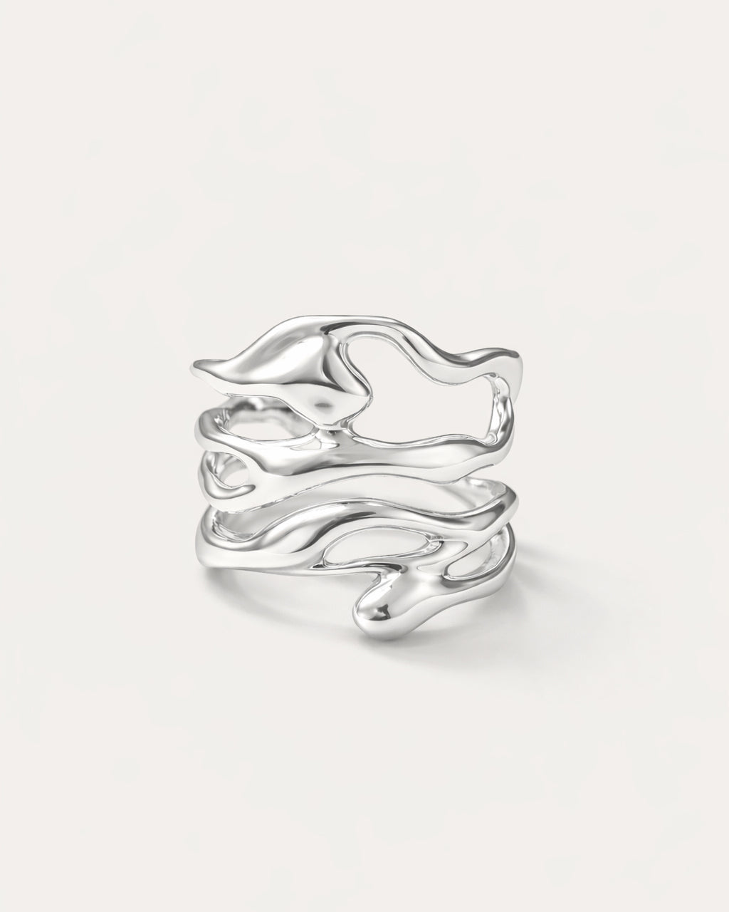 Silver-plated organic wrap ring with fluid curves, minimalist statement jewelry