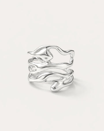 Silver-plated organic wrap ring with fluid curves, minimalist statement jewelry
