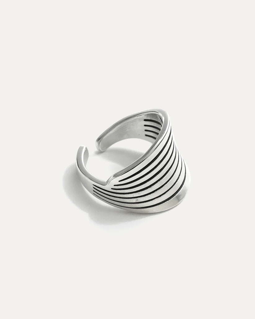 Elegant Wings of Selene silver-plated brass adjustable statement ring with engraved wing-like lines.