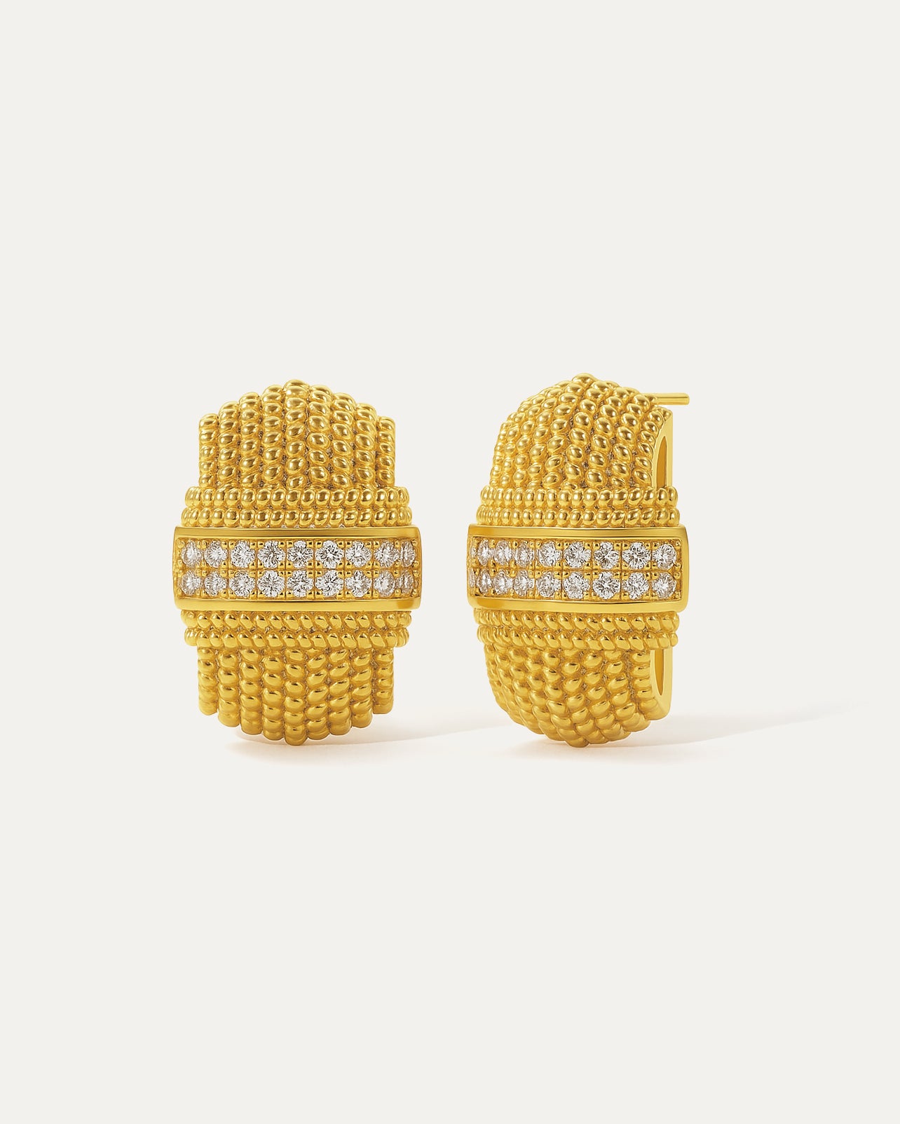 Gold-plated textured stud earrings with braided rope pattern and crystal-embedded center band
