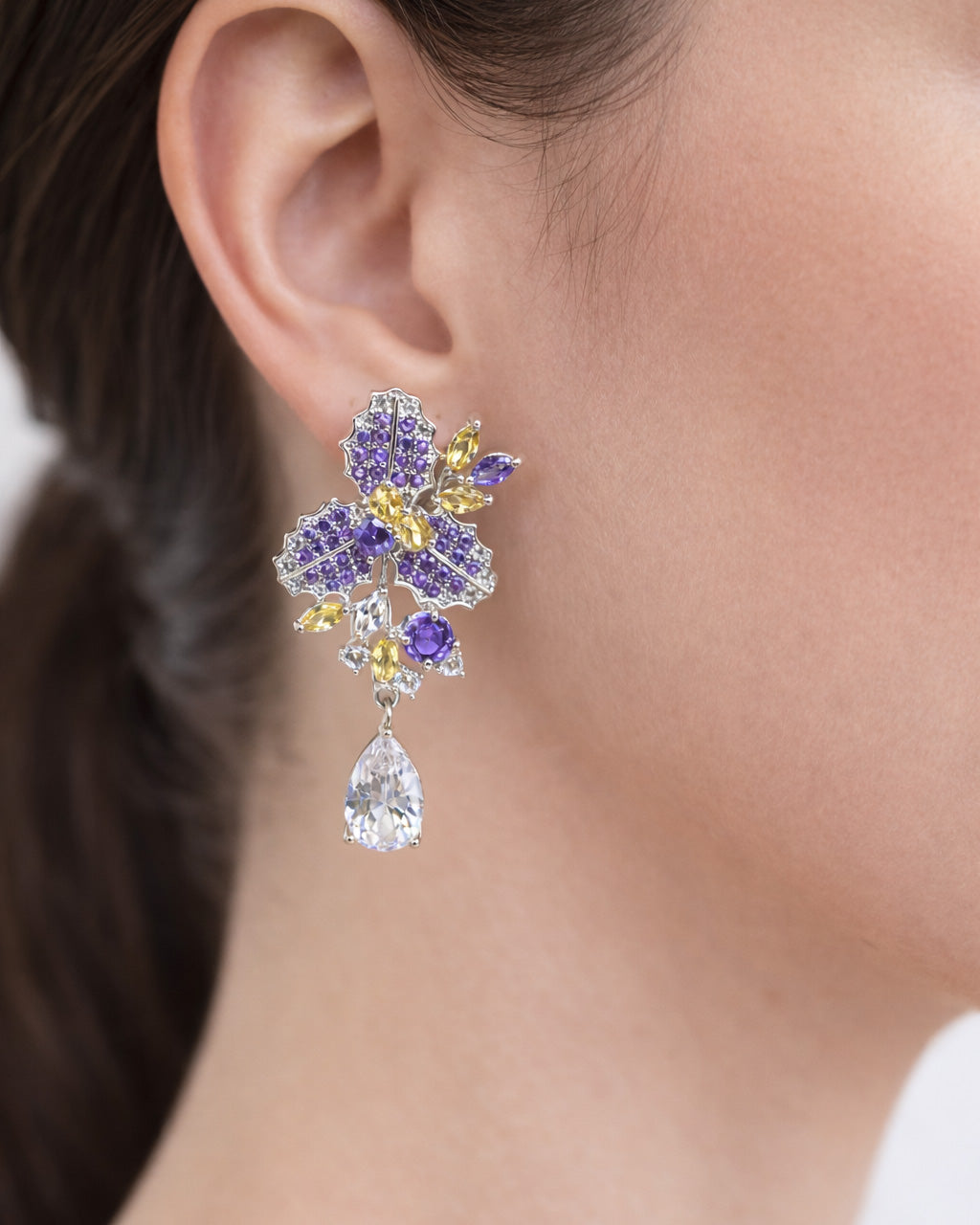 Amethyst floral drop earrings with cubic zirconia and silver plated finish pair