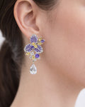 Amethyst floral drop earrings with cubic zirconia silver plated worn on ear model