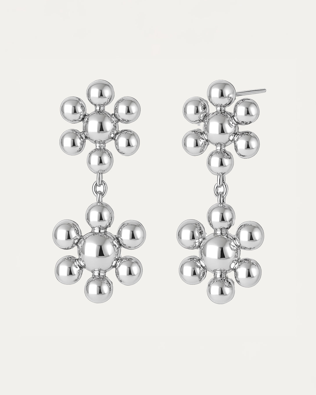 Silver floral drop earrings with double blossom cluster made of polished spheres, sculptural statement style by Jadejuri