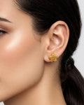 18K gold-plated bubble flower stud earrings worn by model, minimalist floral stud earrings with textured bead design