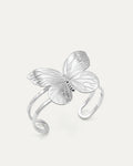Butterfly Embrace Cuff bracelet in silver-plated brass with detailed butterfly design and open cuff structure