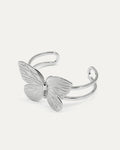 Butterfly Embrace Cuff bracelet in silver-plated brass with detailed butterfly design and open cuff structure