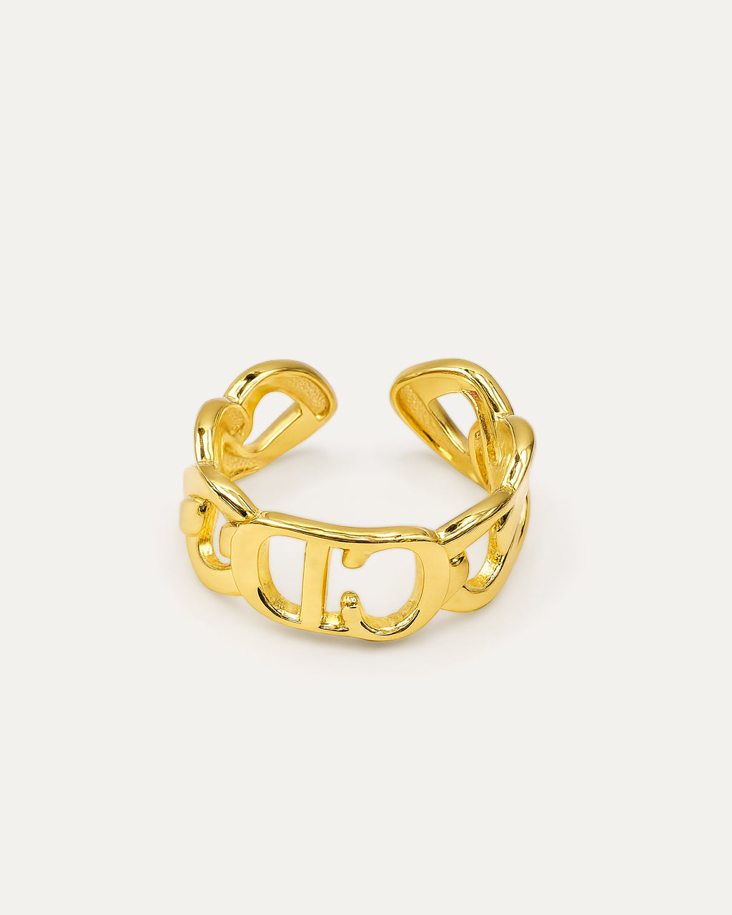 18K gold-plated brass chain-link statement ring on white background
