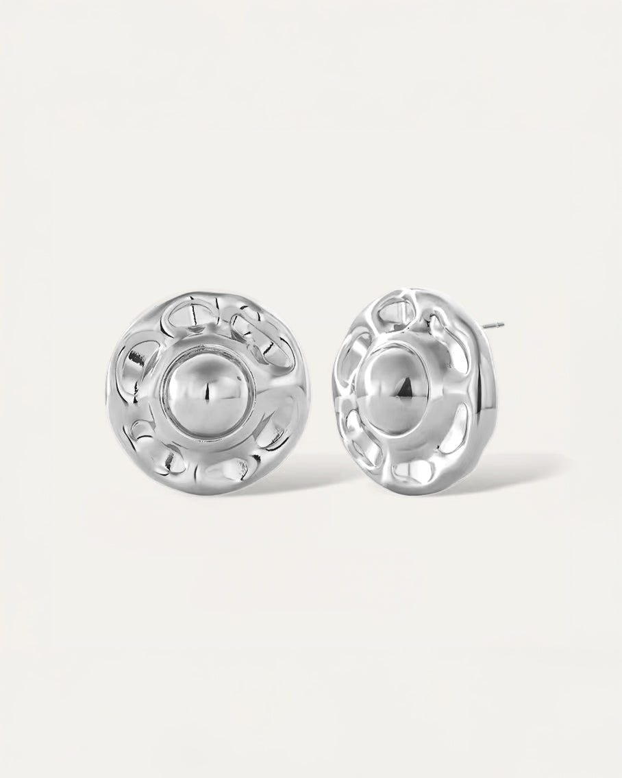 Sterling silver dome stud earrings with sculptural celestial design, Jadejuri Jewelry.