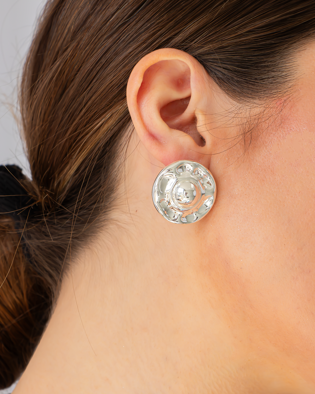 Sterling silver dome stud earrings with sculptural celestial design, Jadejuri Jewelry.
