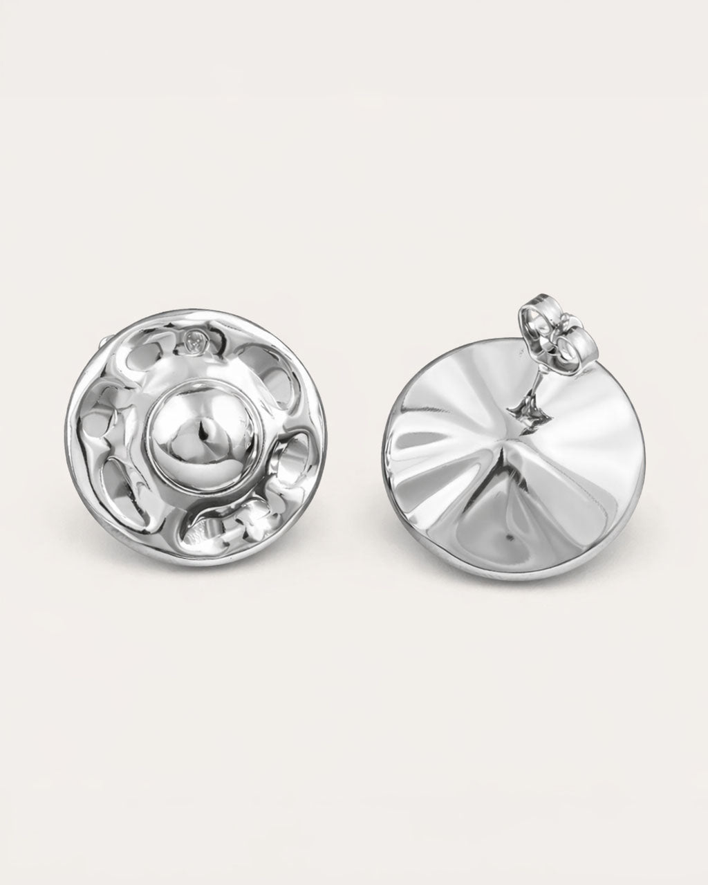 Silver dome stud earrings back view textured minimalist jewelry design 