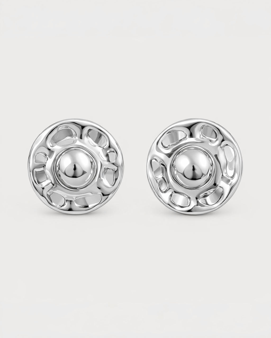 Sterling silver dome stud earrings with sculptural celestial design, Jadejuri Jewelry.
