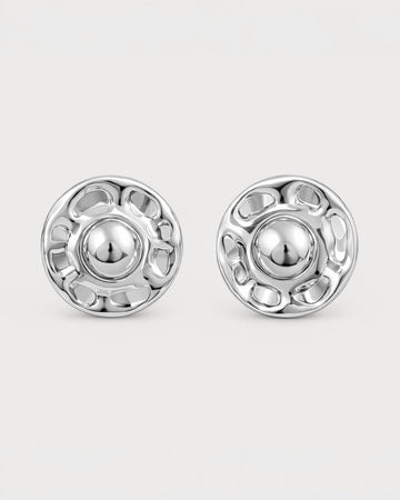 Sterling silver dome stud earrings with sculptural celestial design, Jadejuri Jewelry.