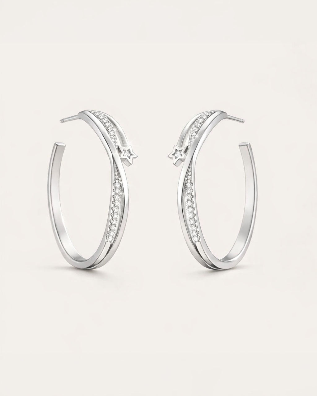 Silver star hoop earrings with crystal detail minimalist modern jewelry
