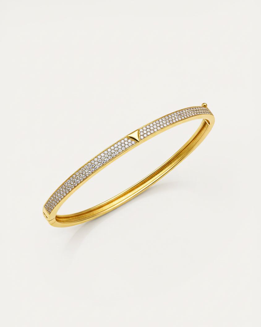 Clara Arc Bangle bracelet in 18K gold-plated brass with pavé stones and geometric arc design