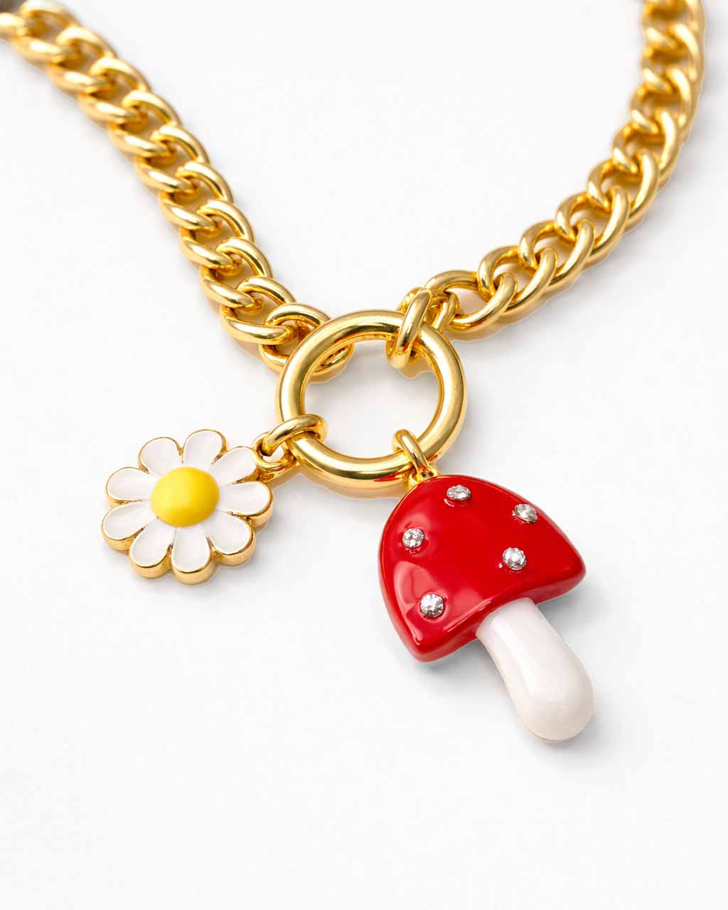 18K gold-plated charm necklace with daisy flower and red mushroom pendant, playful statement jewelry by Jadejuri