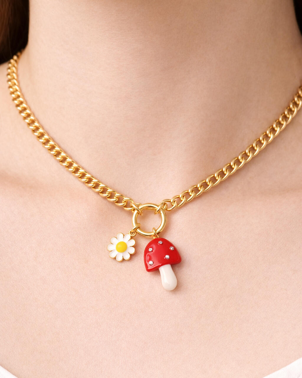 18K gold-plated charm necklace with daisy flower and red mushroom pendant, playful statement jewelry by Jadejuri