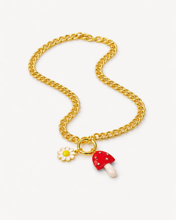 18K gold-plated charm necklace with daisy flower and red mushroom pendant, playful statement jewelry by Jadejuri