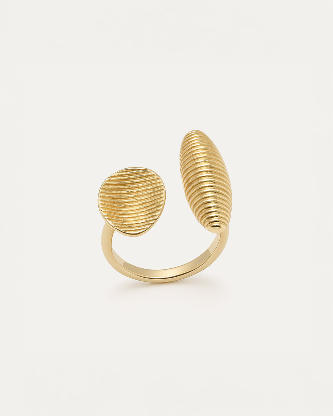 Asymmetrical gold ring with ribbed oval and capsule-shaped open ends