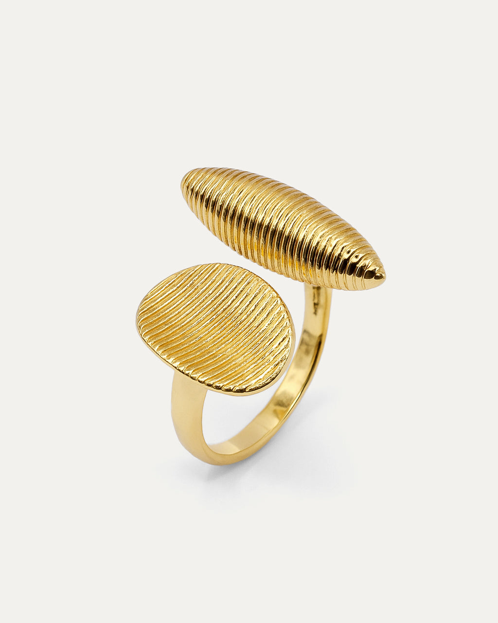Asymmetrical gold ring with ribbed oval and capsule-shaped open ends
