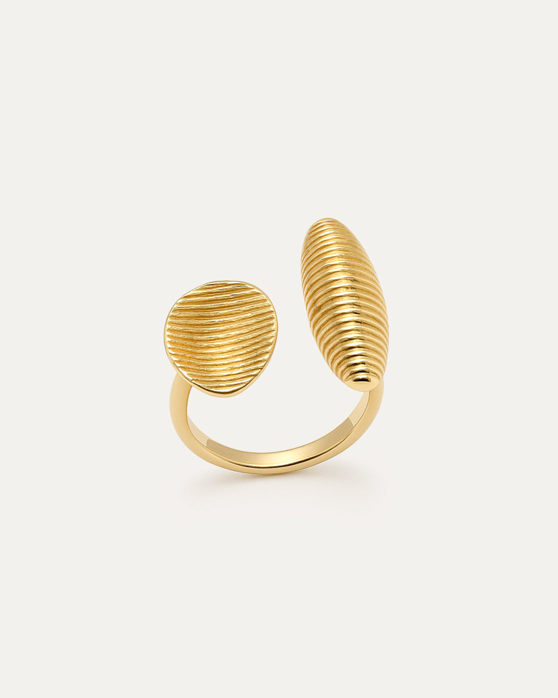 Asymmetrical gold ring with ribbed oval and capsule-shaped open ends