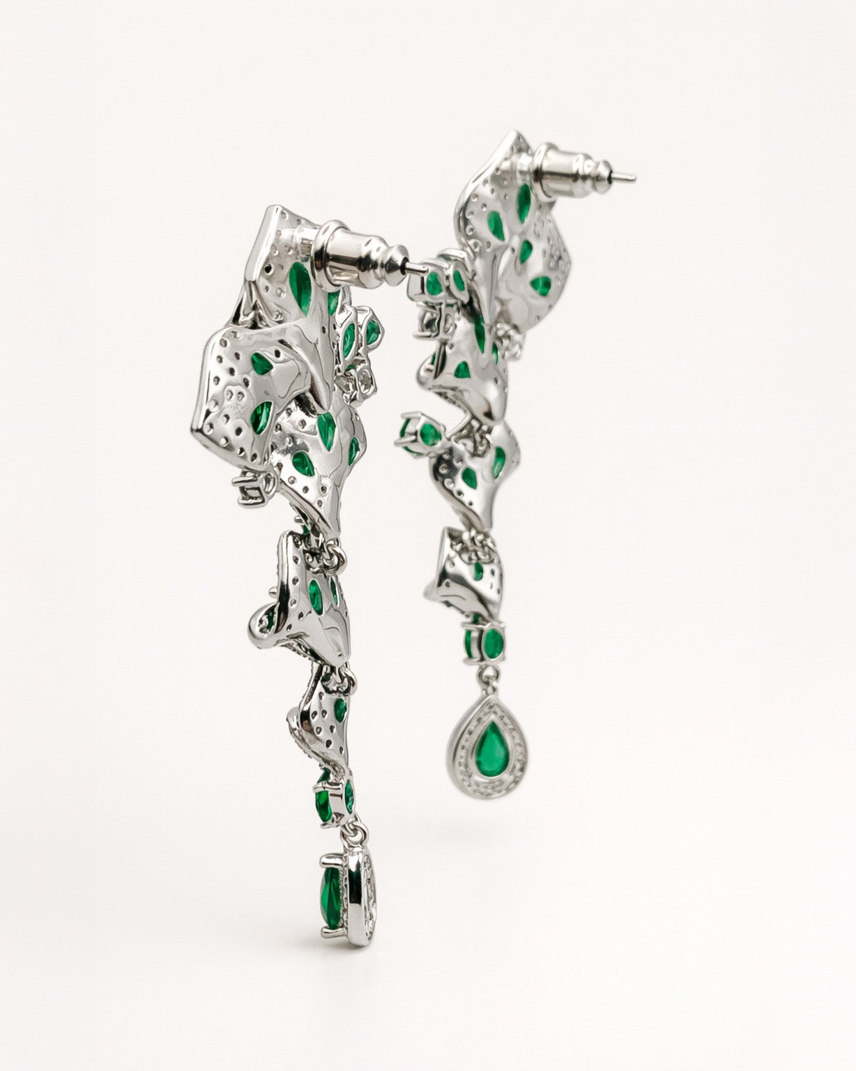 Emerald bloom long drop earrings back view silver plated with green cubic zirconia