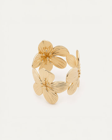 Gold open band ring with detailed flower petal design