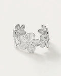 Silver floral cuff bracelet with sculpted flowers, statement bangle for women