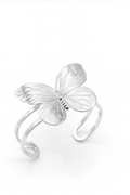Butterfly Embrace Cuff bracelet in silver-plated brass with detailed butterfly design and open cuff structure