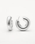 Silver grooved dome hoop earrings with ribbed texture and polished silver-plated finish
