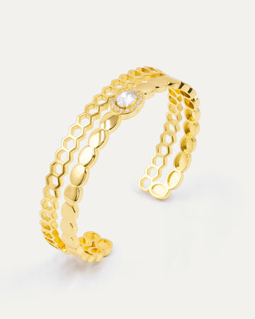 Honey Halo cuff bracelet in 18k gold-plated brass with honeycomb pattern and sparkling stone accent