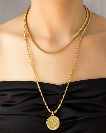 layered 18k gold-plated coin necklace set worn on model, minimalist layered chain jewelry