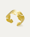 18K gold-plated brass cuff bracelet with bold leaf-inspired open design on white background