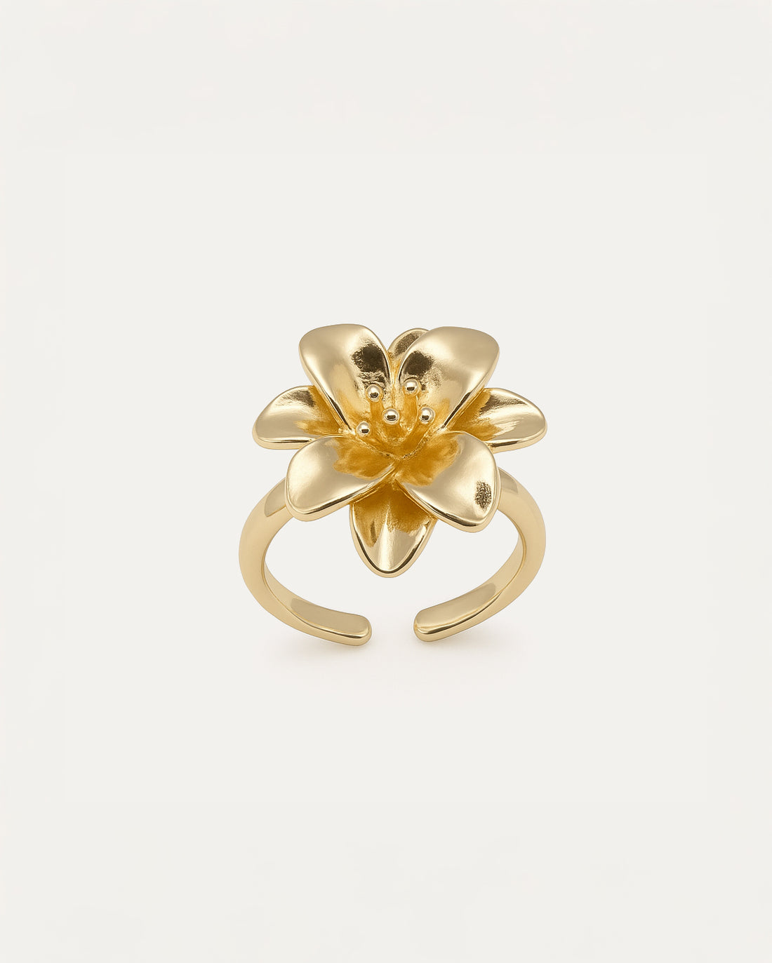 Bold gold flower-shaped ring with blooming lily design – Lily Burst Ring by Jadejuri