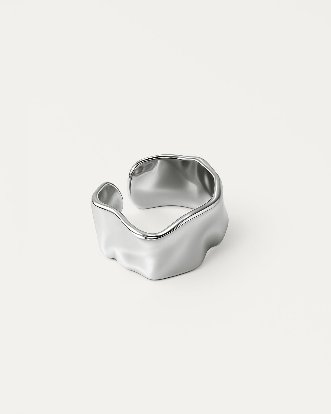 silver-plated ring with molten wave design and open back on white background