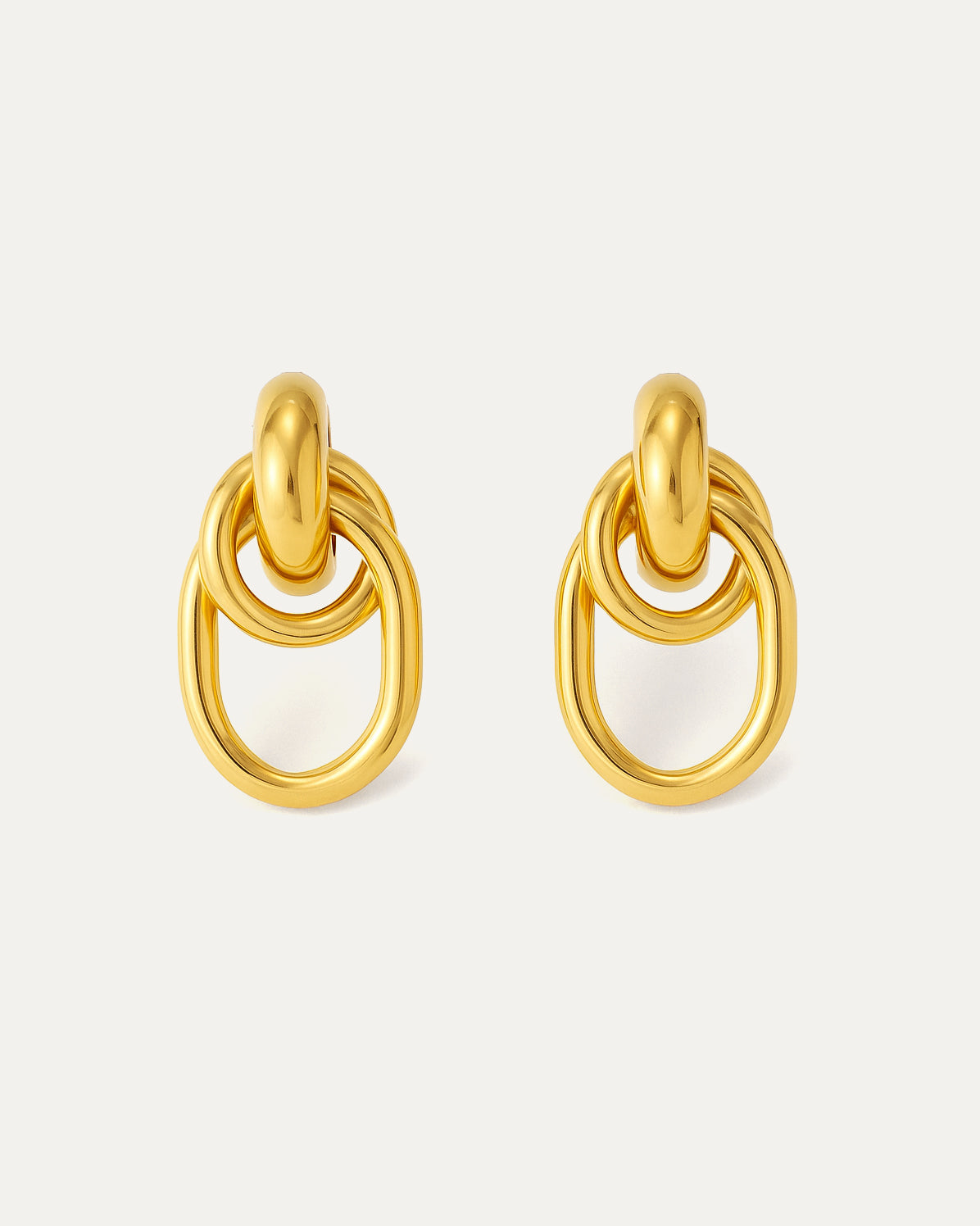 18K gold-plated brass earrings with interlocking oval and round links on white background
