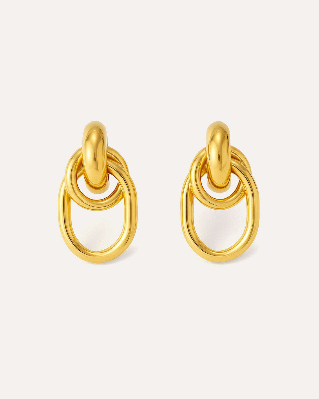 18K gold-plated brass earrings with interlocking oval and round links on white background
