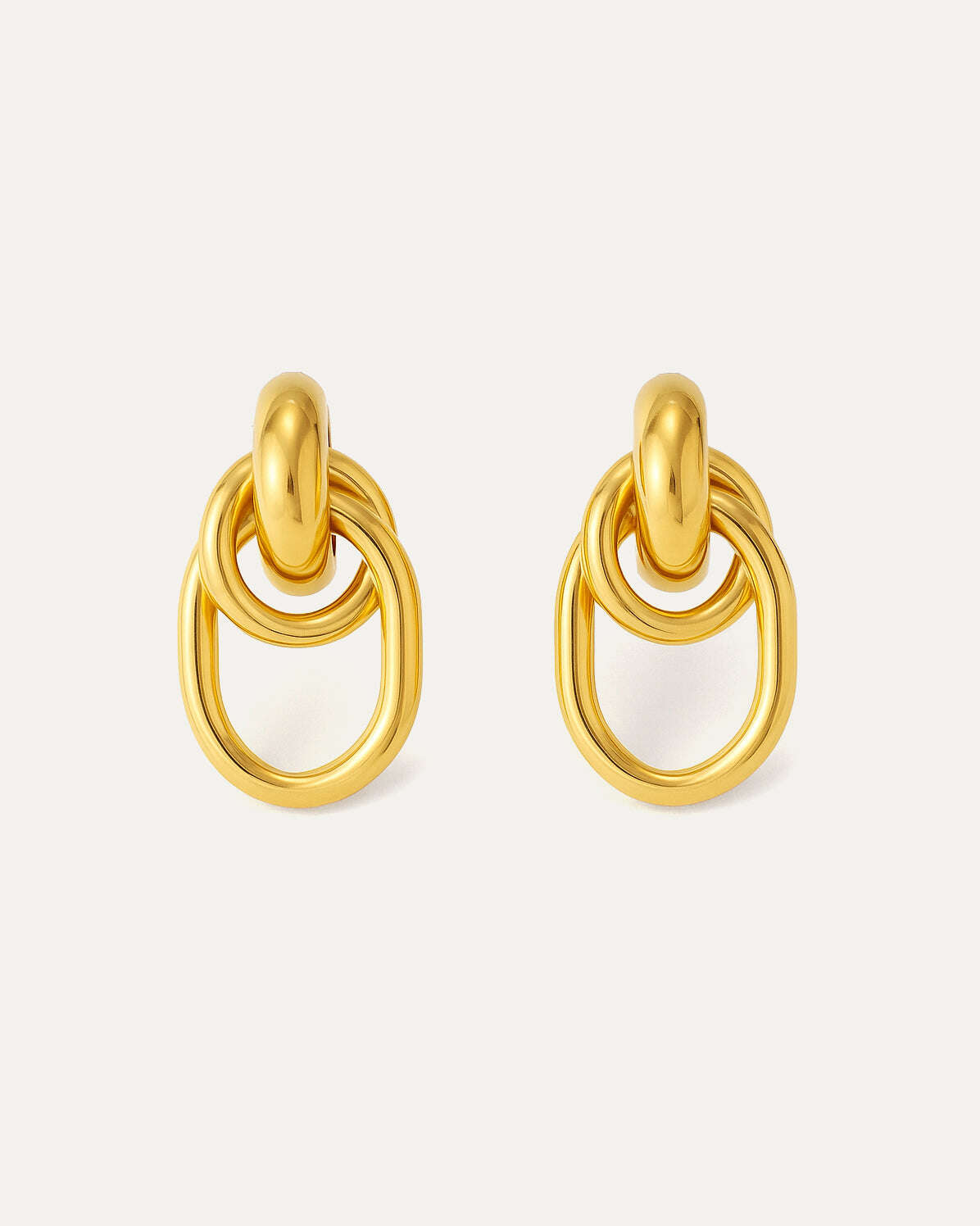 18K gold-plated brass earrings with interlocking oval and round links on white background
