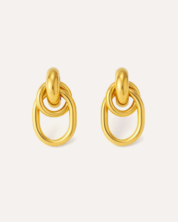 18K gold-plated brass earrings with interlocking oval and round links on white background
