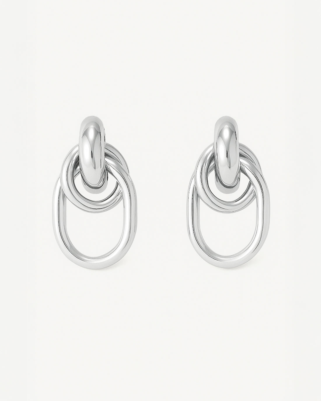 Silver-plated brass hoop earrings with interlocking oval and round links on white background